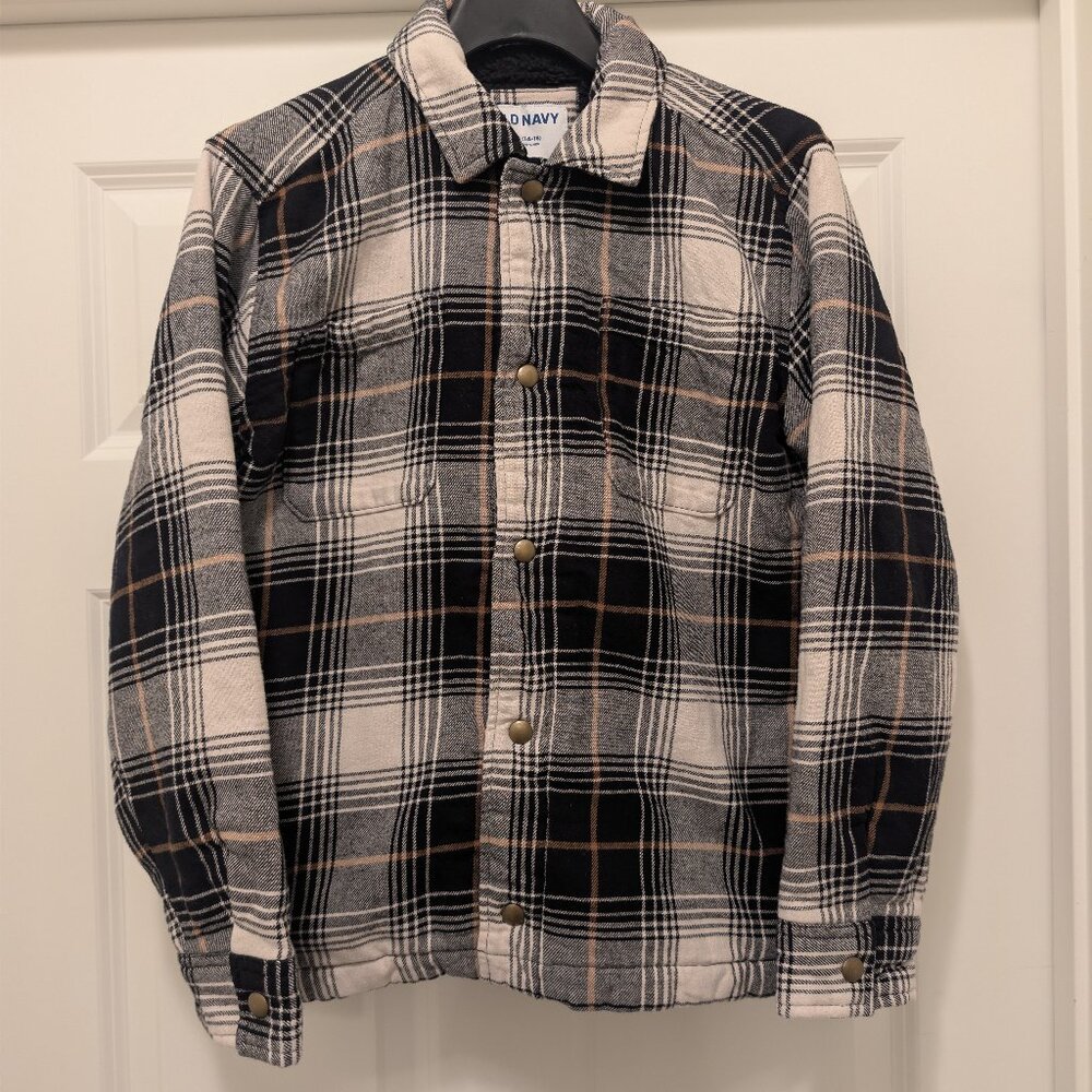 Old Navy Sherpa Lined Plaid Shirt Jacket Boys XL (14-16) Flannel Snap Front